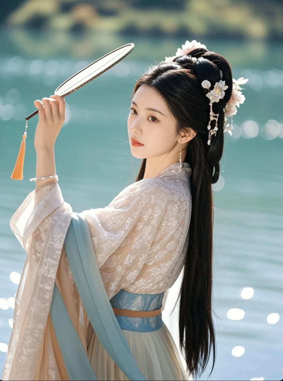 湖边折扇轻摇，美得像是从画中走出来