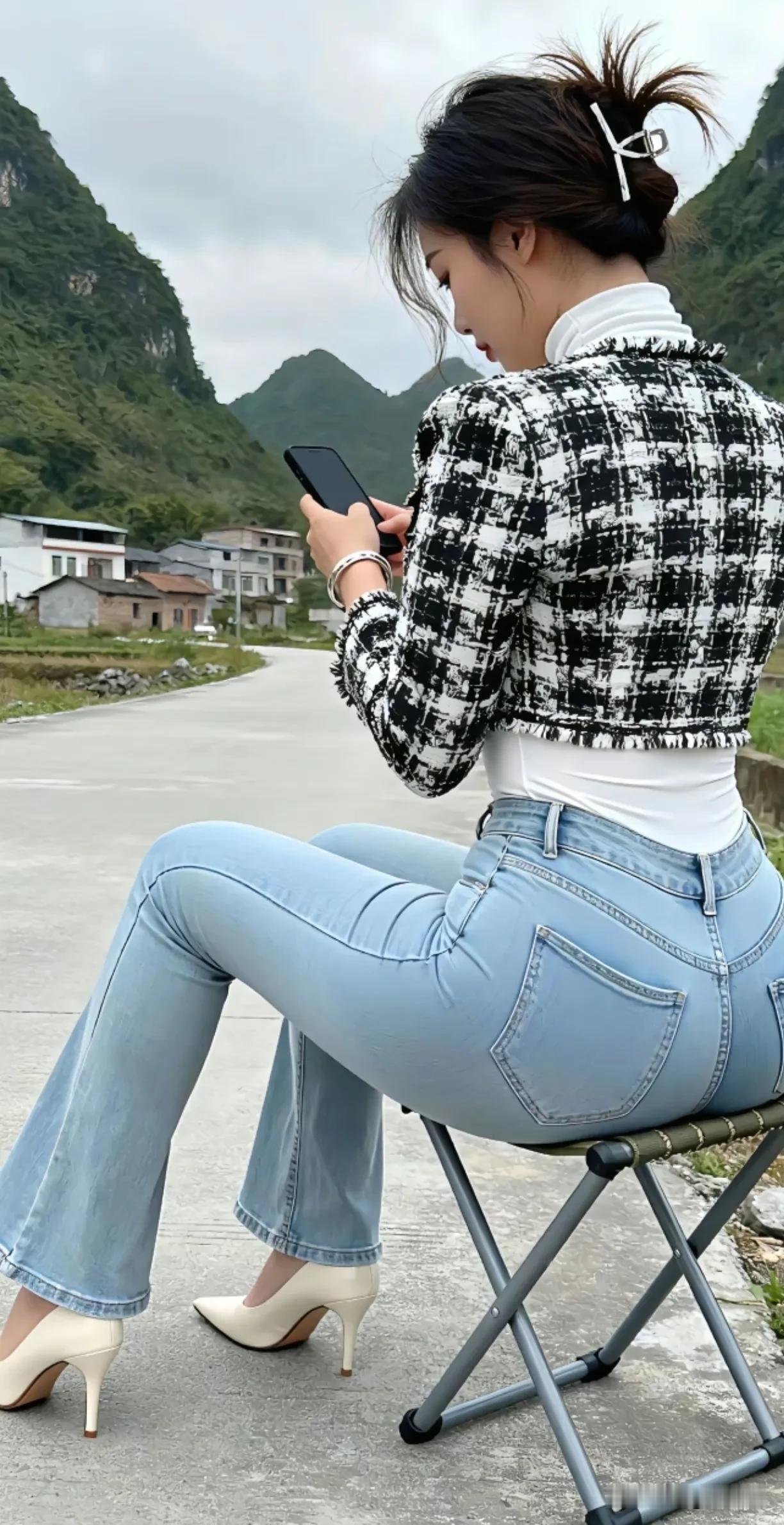 《峰途雅韵》青峰叠翠绕烟村，驿路晴光映远暾。素褐裁纹凝雅韵，轻蓝曳裾漾清