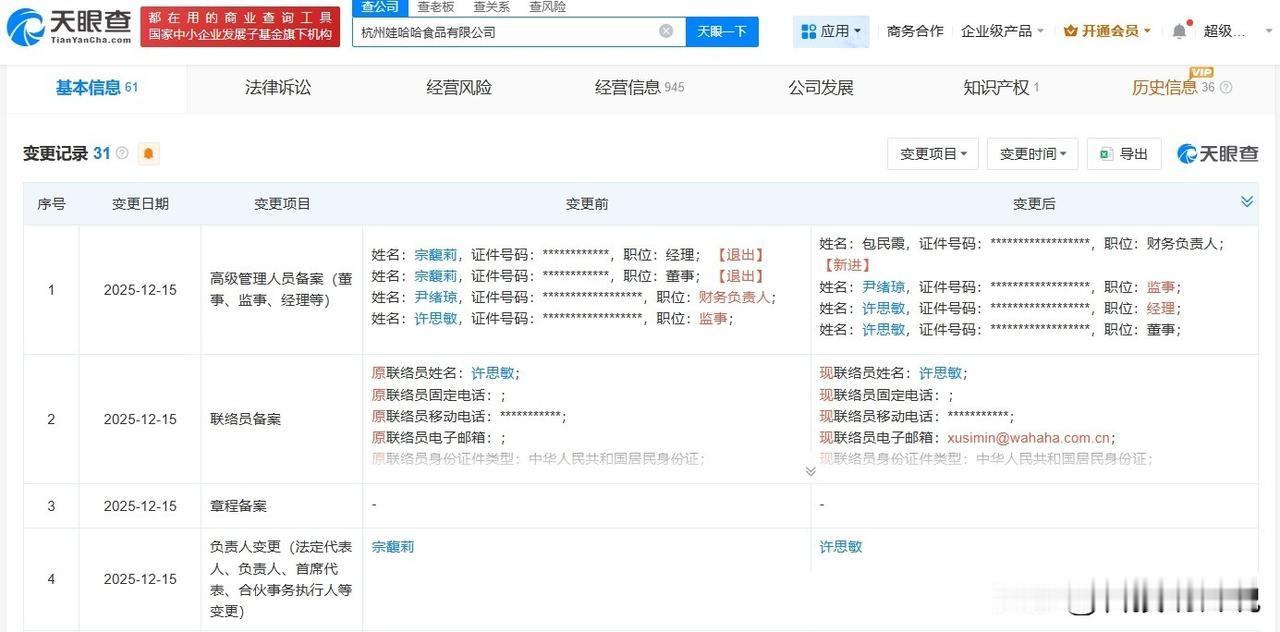 【宗馥莉卸任杭州娃哈哈食品公司职务宗馥莉退出杭州娃哈哈食品公司】天眼查工商信