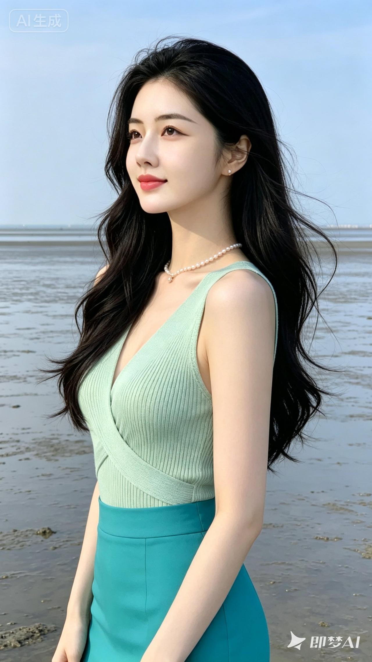 一个漂亮姑娘在海边拍照。