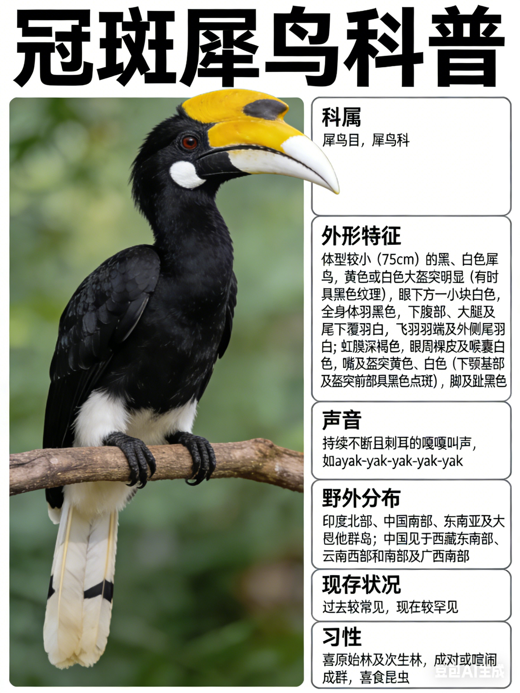 鸟类朋友图鉴冠斑犀鸟·科属：犀鸟目，犀鸟科。·外形特征：体型较小（75cm）的