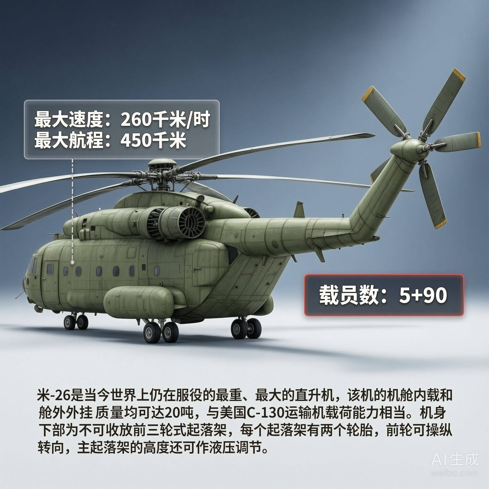 军事ai新视野米-26“光环”运输直升机［苏］机长：40.025米主旋翼直径：