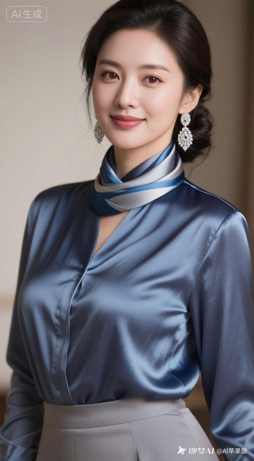 这位女士穿着优雅的蓝色丝质上衣，搭配银色围巾，佩戴闪亮的耳环，显得非常精致。
