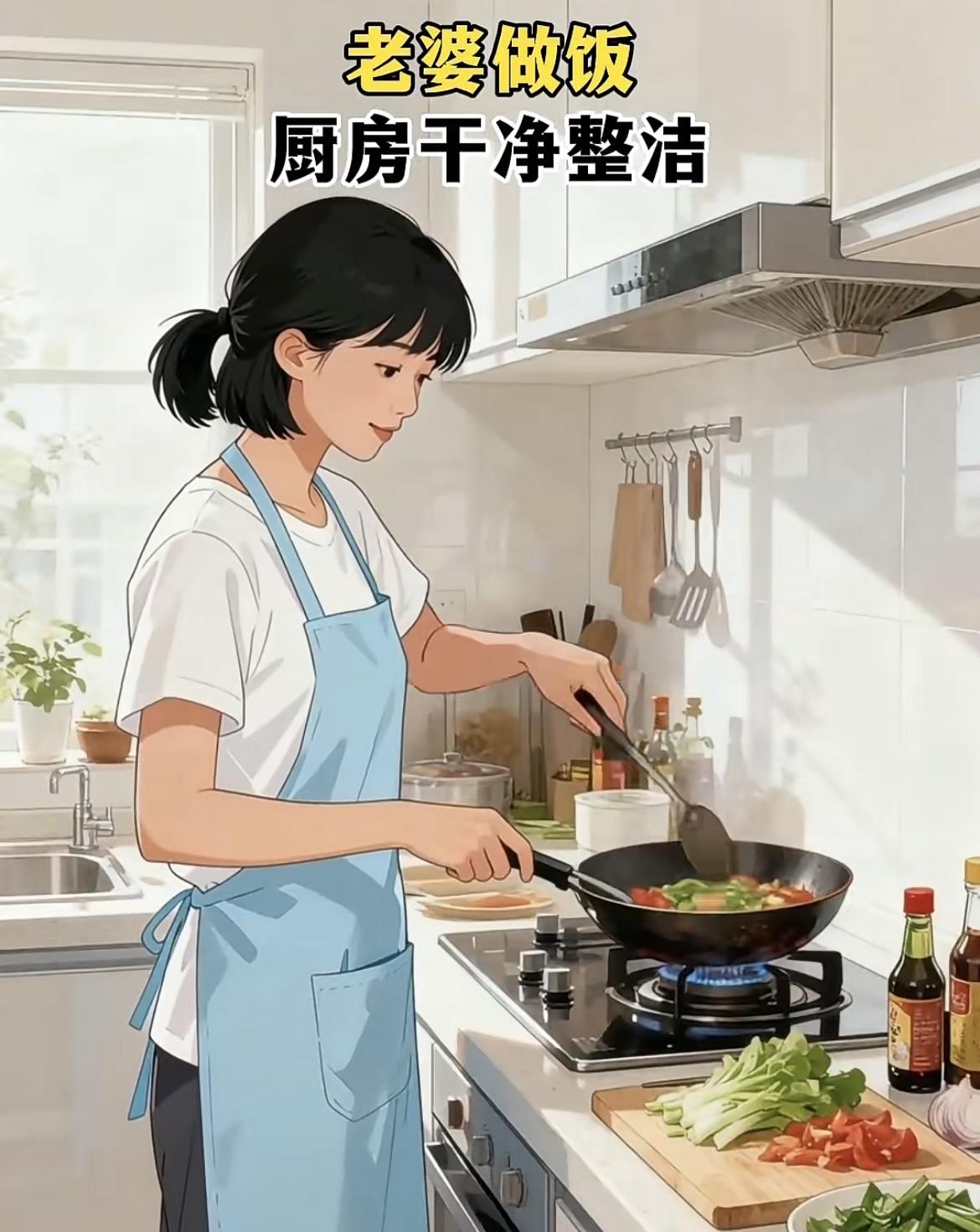 老婆做饭：锅碗瓢盆各归其位，灶台能反光，炒个菜都自带“优雅滤镜”✨老公做饭：