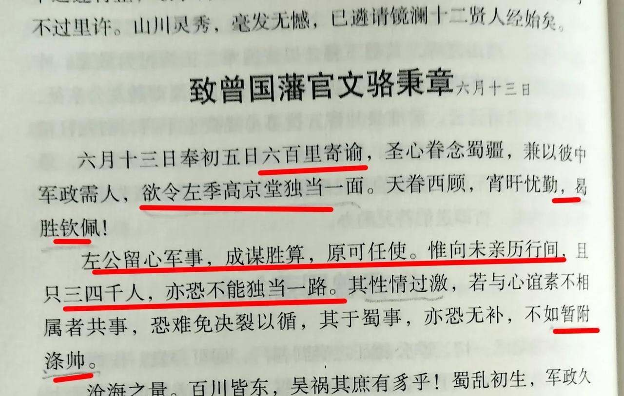 咸丰十年六月胡林翼接到谕旨，欲令左宗棠独当一面。胡林翼十分高兴，致信曾国藩官文骆