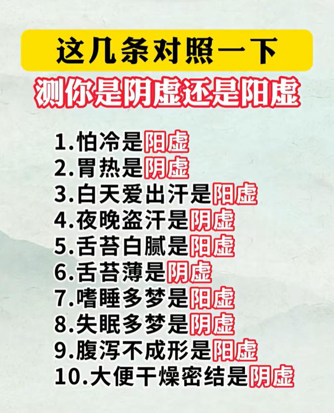 对照这几条，自测你是阴虚还是阳虚
