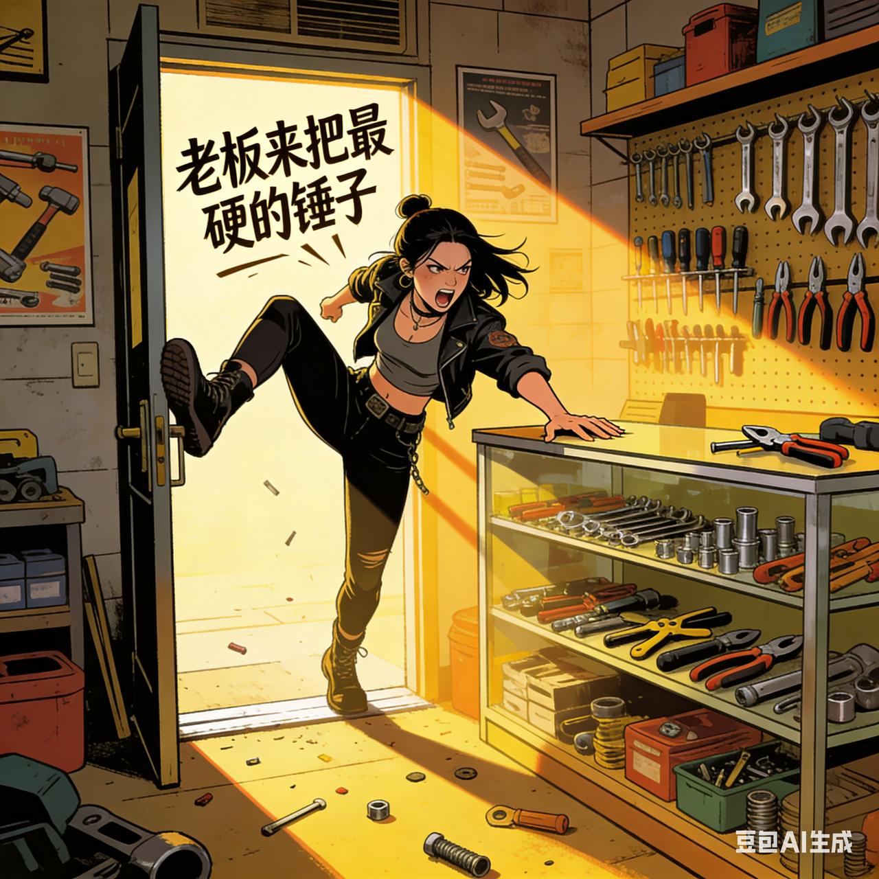 女流氓踹开五金店门，往柜台上一拍：“老板，来把最硬的锤子！”老板指了指墙角