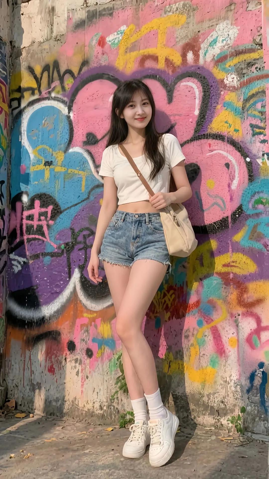 元气少女与色彩斑斓的街头涂鸦完美融合，活力满满！街拍高清美女