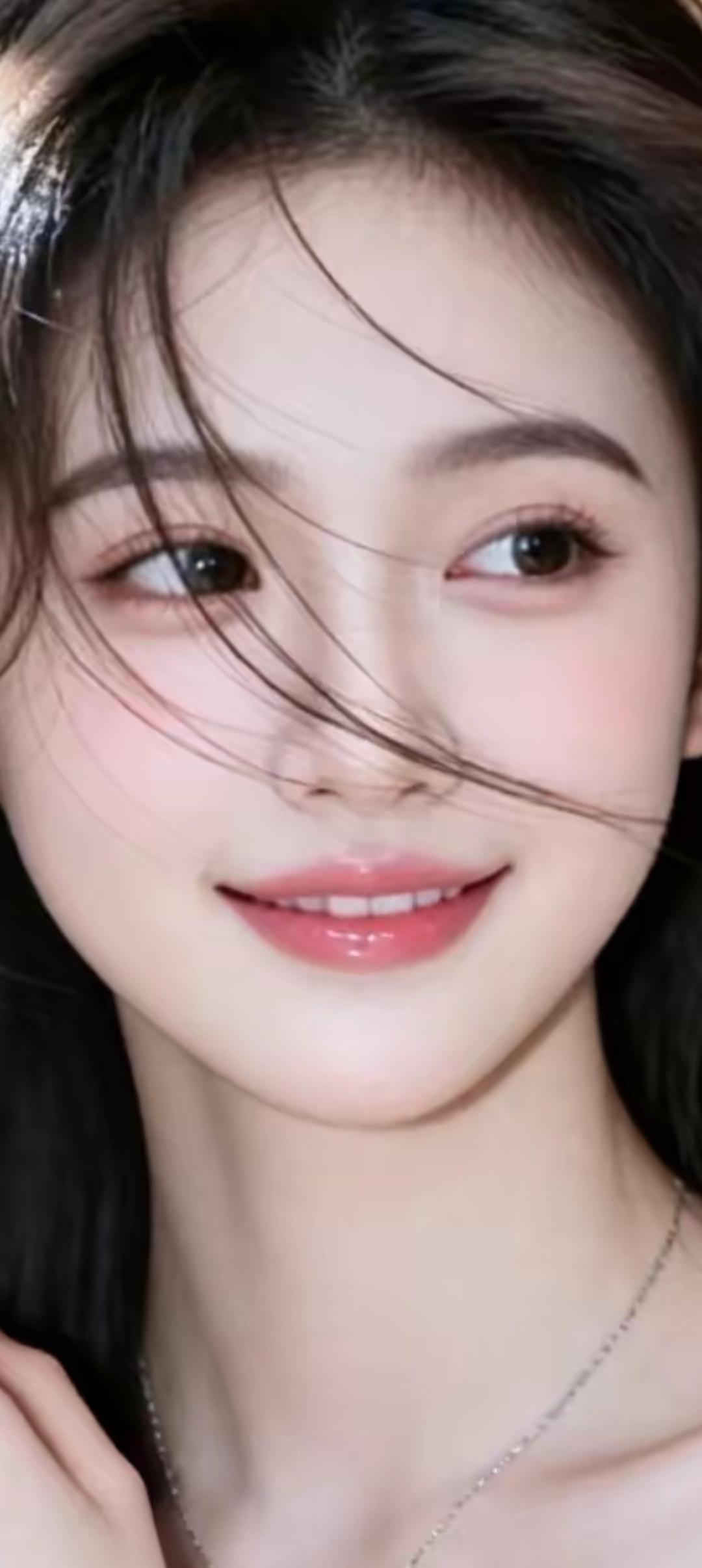 甜美笑容，温柔发丝，自然妆容，清新动人。