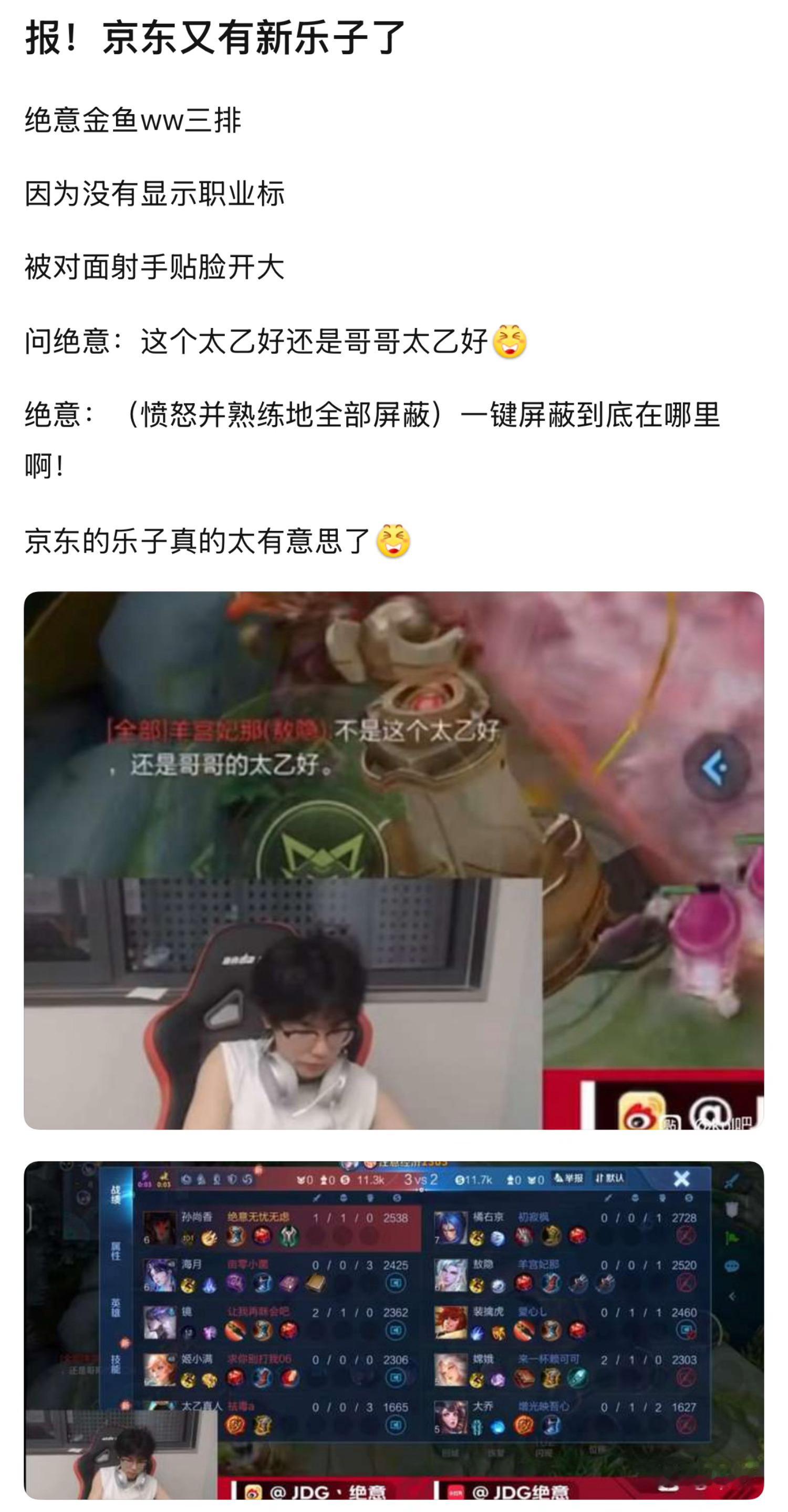 kpl好命苦的绝意绝意金鱼ww三排因为没有显示职业标被对面射手贴脸开大问绝意：这