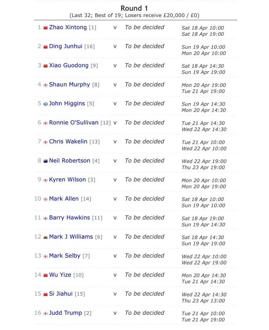 首轮会有几场中国“德比战”!今天下午15:45，世界斯诺克球迷的目光会锁定英国