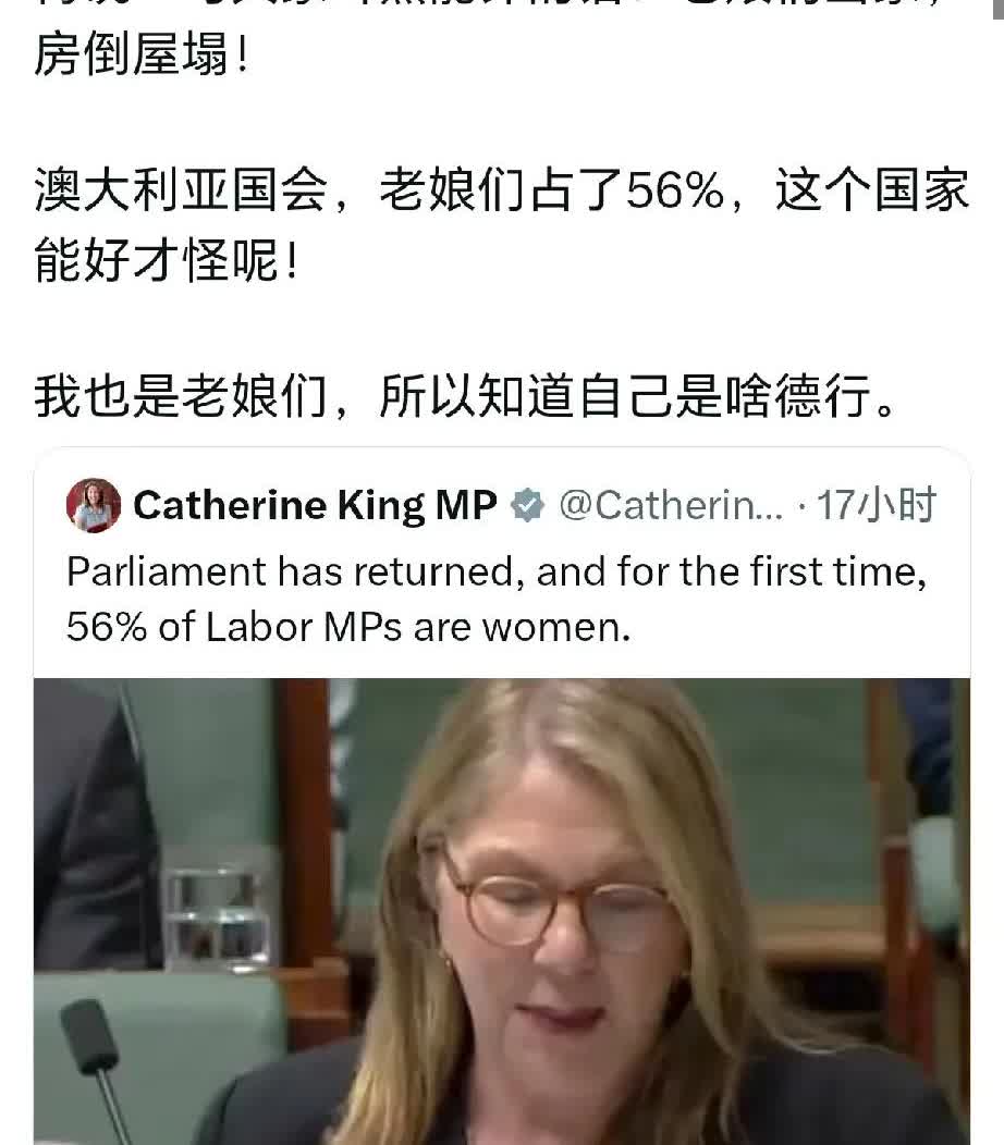 一名中国女子在澳大利亚女议员社交媒体评价道：娘们当家房屋倒塌。她认为澳大利亚的国