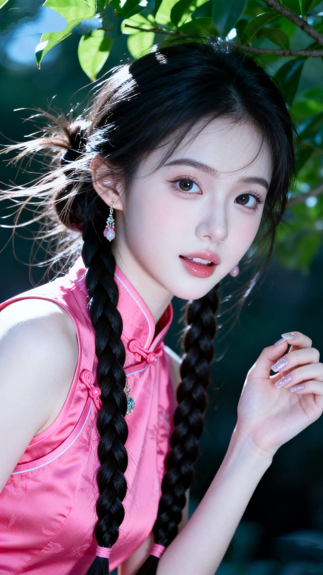 粉嫩旗袍少女，甜美可人，阳光下的动人瞬间