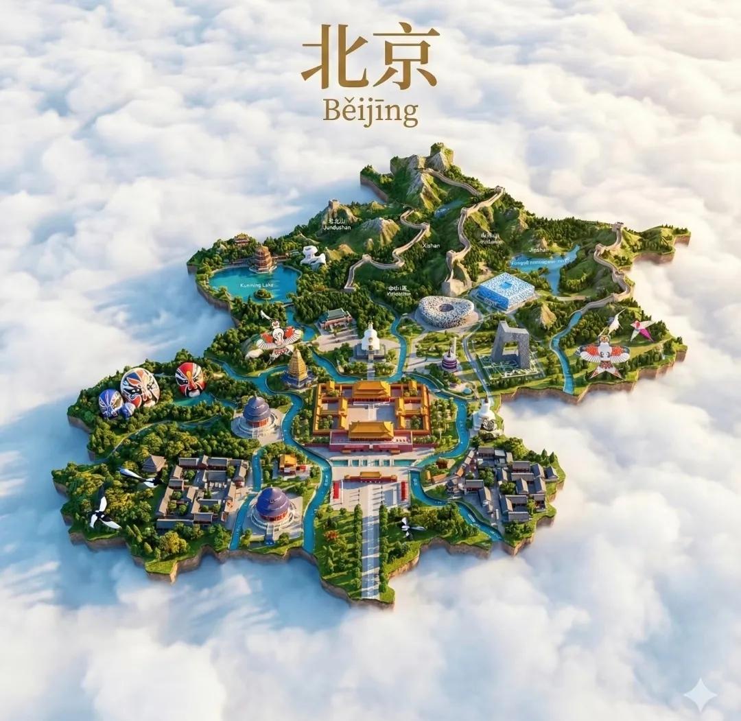 微缩版的北京地图，地图上有故宫、八达岭长城、鸟巢、水立方、天坛、四合院、雁栖湖、