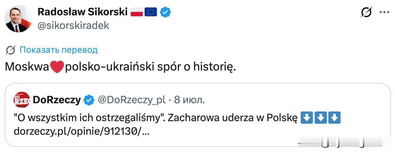 🇵🇱波兰外交部长拉德克·西科尔斯基恼怒地评论道：“莫斯科❤️波兰-乌克兰历史