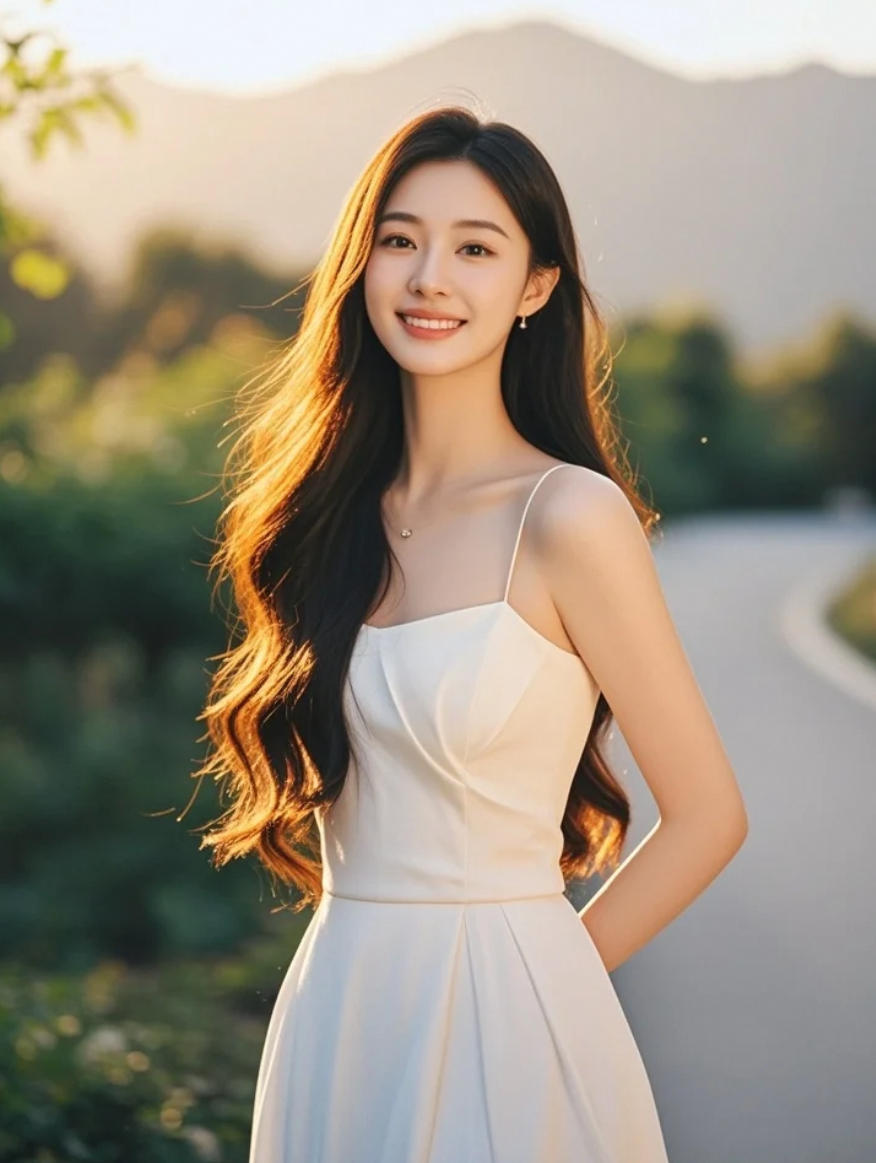 晚风轻拂，她长发如墨，笑容纯净，美得不染尘埃