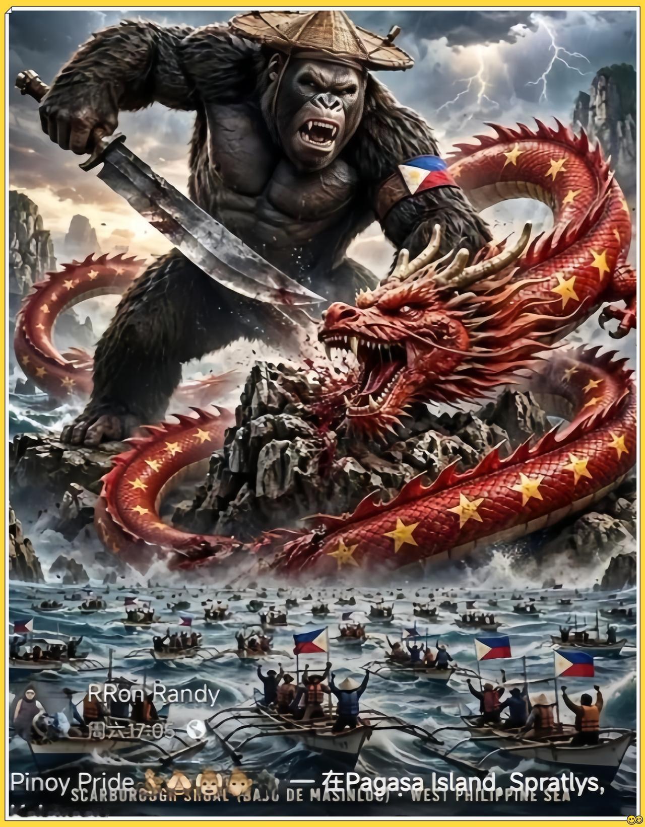 这波反击给得漂亮。菲律宾人不服，它们制作了一张AI图片。图片中，一只大猩猩手