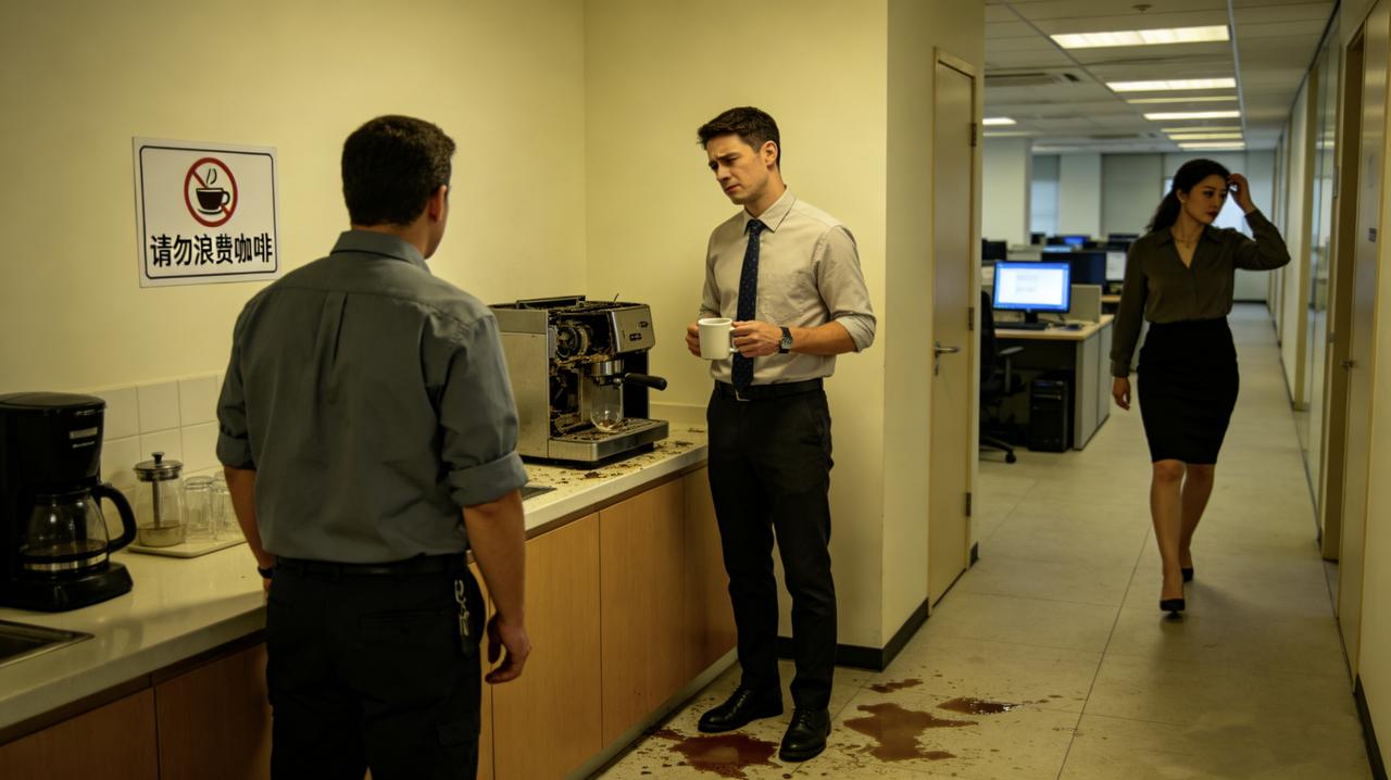 公司的咖啡机又坏了。这是本周第三次。市场部的小李端着空杯子，看着维修师傅的背影