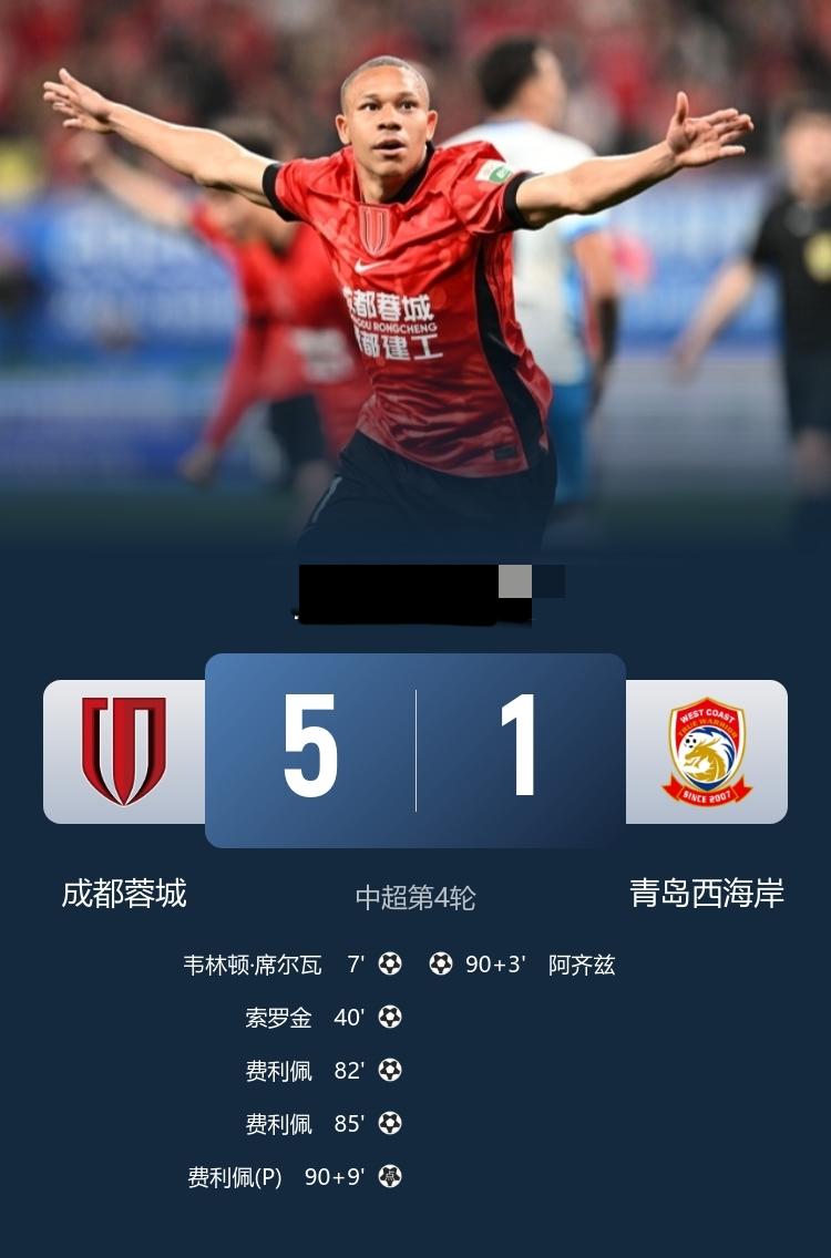 中超-蓉城5-1大胜西海岸，韦林顿、索罗金分别建功，费利佩替补帽子戏法4月3日