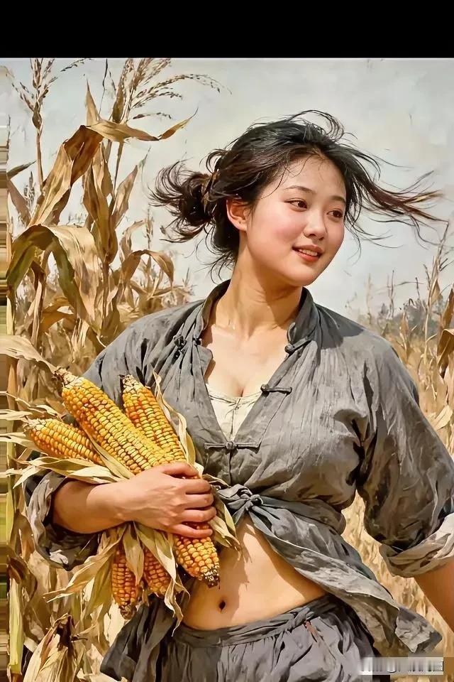 妹子于田间抱着玉米，笑得格外开心。玉米田里干活玉米地劳作玉米田间美女甜花玉