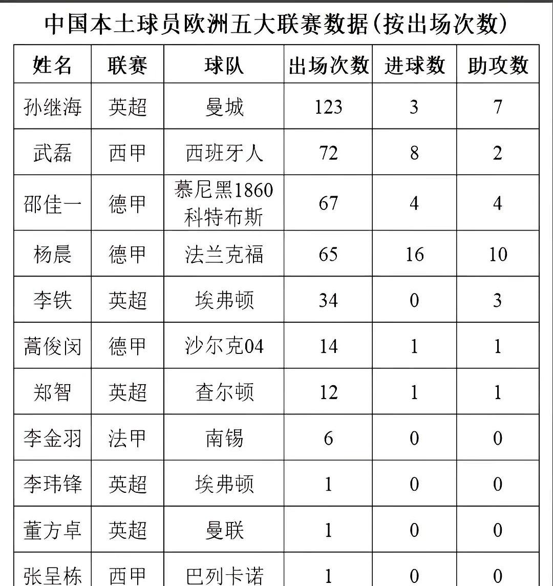 真把国足球员放到五大联赛这张成绩单上时，杨晨还是最扎眼的那个。不是靠一两场热闹