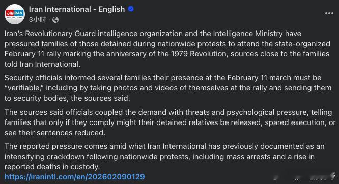 伊朗上个月那些被抓捕的伊朗人的家庭已经被施压，伊斯兰革命卫队逼迫他们参加2月1
