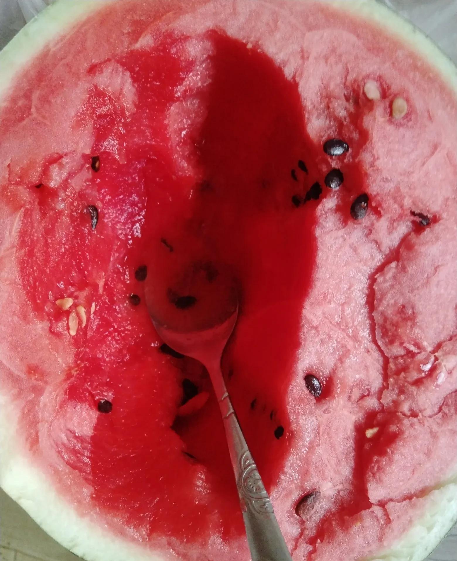 昨晚买了一个西瓜，切成两半，接两个小孙子回来。两个小家伙用勺子你一口我一口，