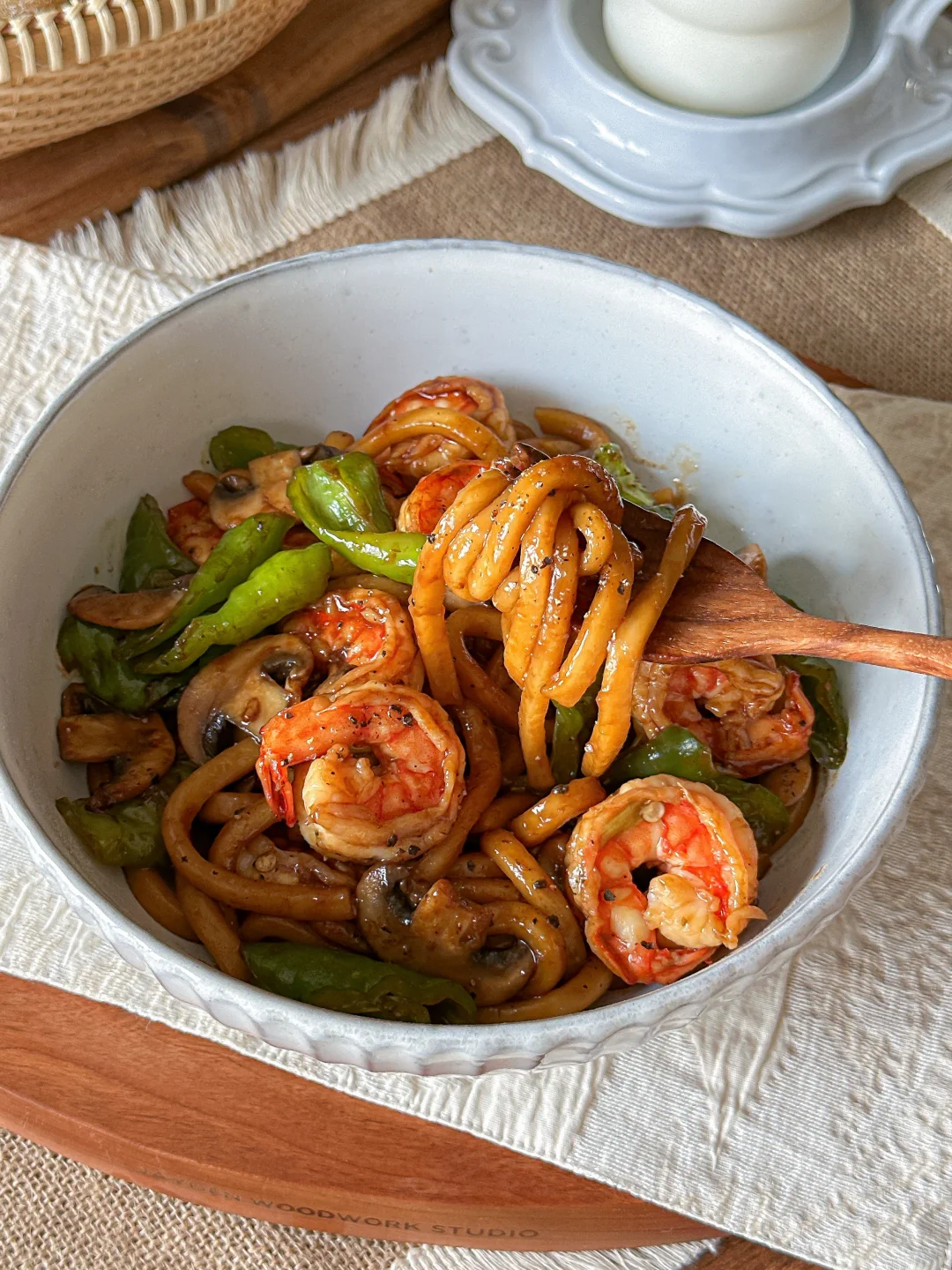 低卡青椒虾仁炒乌冬🍝