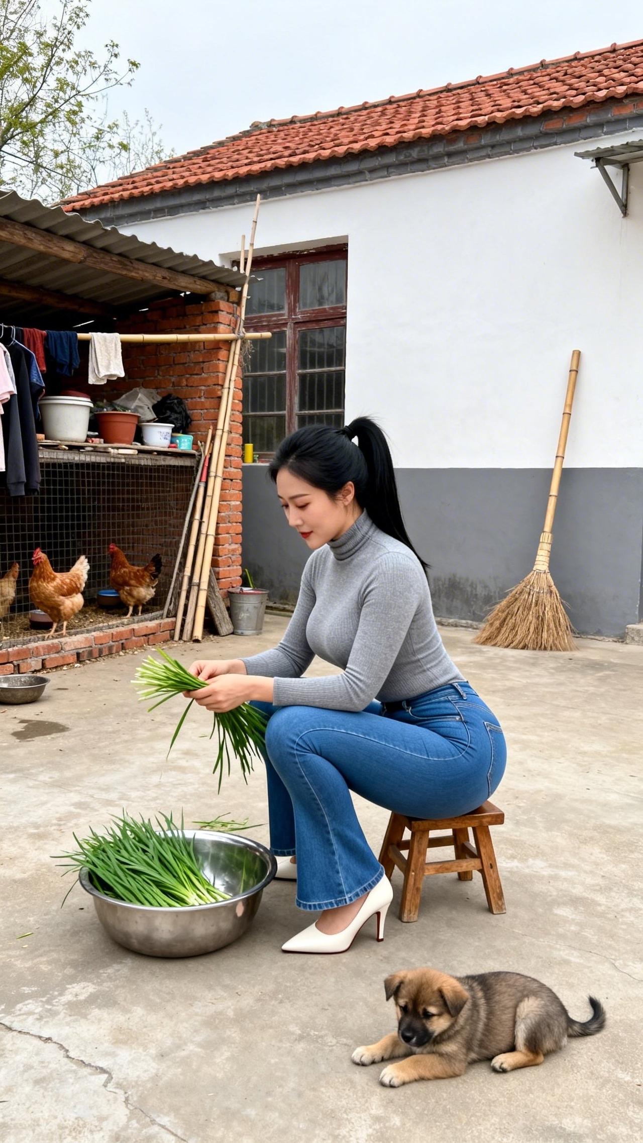 庭院的风裹着烟火气漫过，指尖轻理鲜翠的青韭，把日常的温柔揉进每一片叶瓣里。檐下鸡