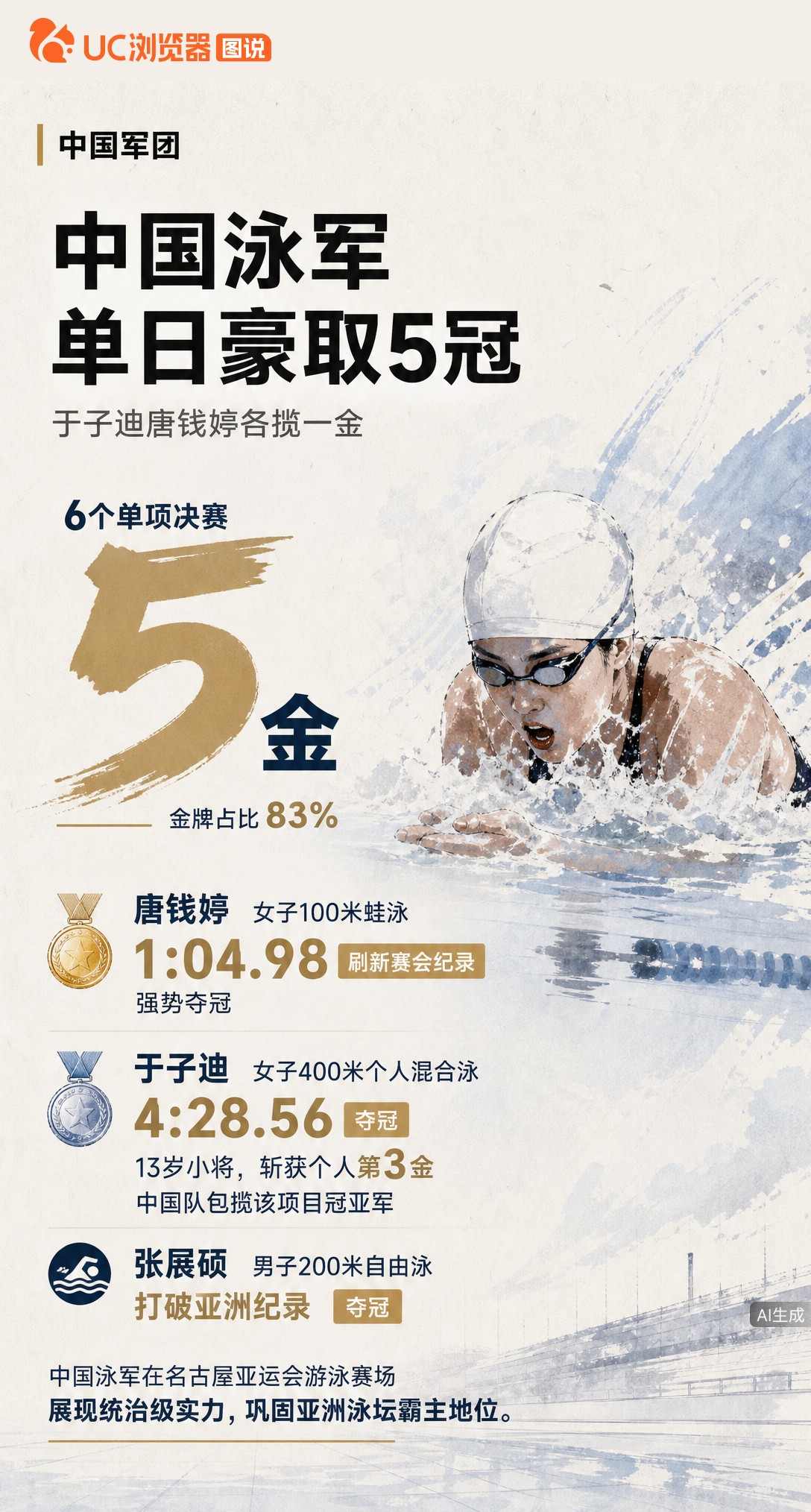 名古屋亚运泳池单日6项决赛中国队揽5金！唐钱婷100蛙破赛会纪录，13岁于子迪400混夺冠拿第3金，