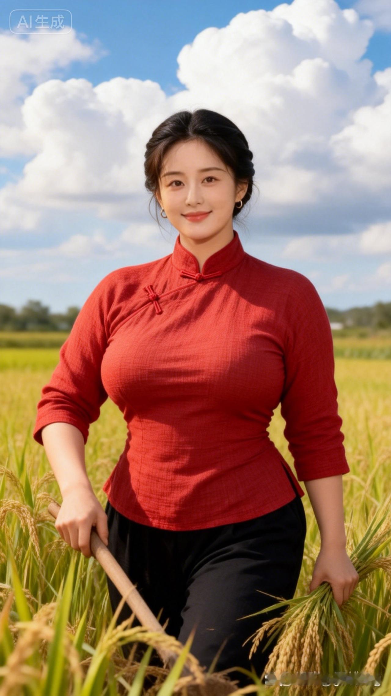 “红衣少女田间笑，丰收喜悦在心间”🌾🌸