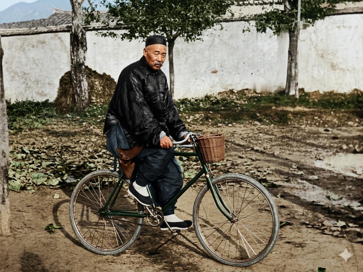 照片里骑着自行车的老头，是清朝正一品建威将军、宜昌总兵傅廷臣。大清祖制铁规严明