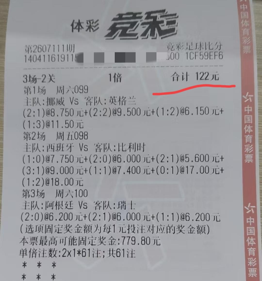 这张彩票能不能保本？这样的彩票，好像只有三场全部猜对，才有可能有盈利吧？网友晒