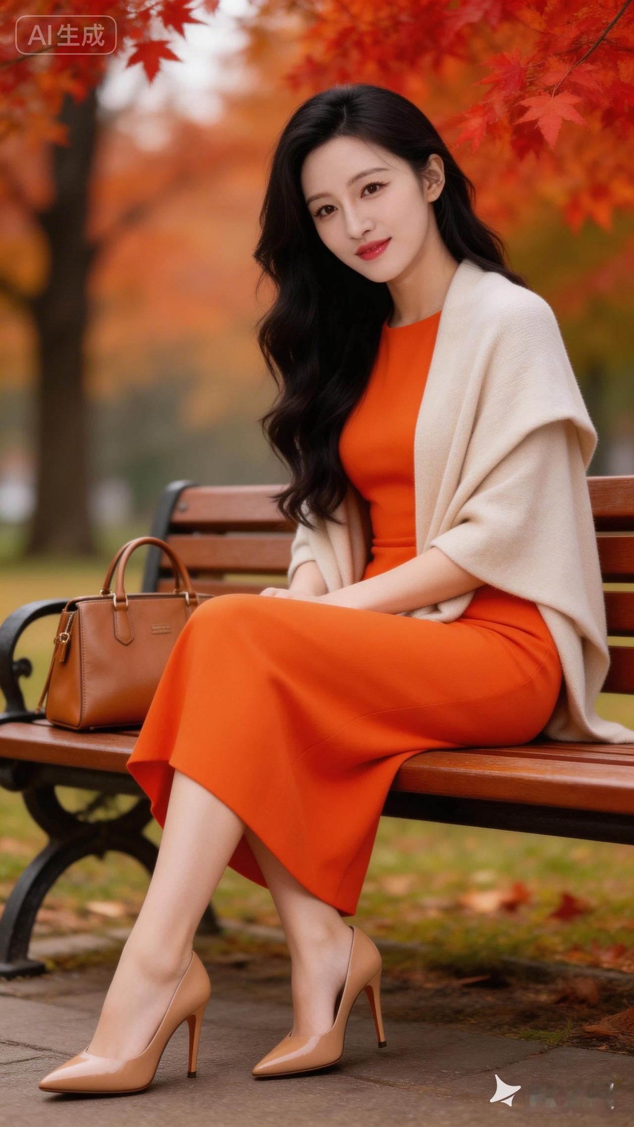 秋日暖阳下，优雅坐于长椅，橙色裙摆与落叶相映成趣。