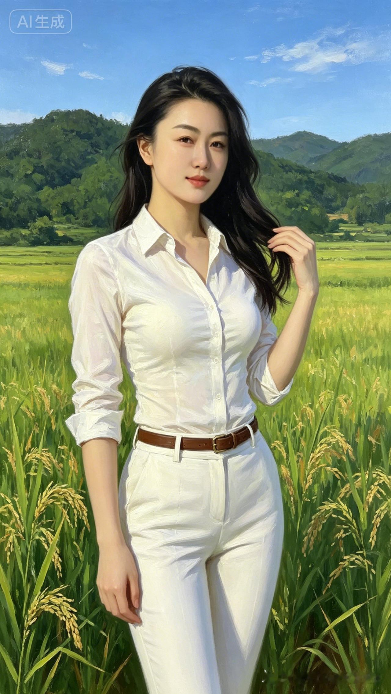 一位美女站在田野里，阳光明媚。