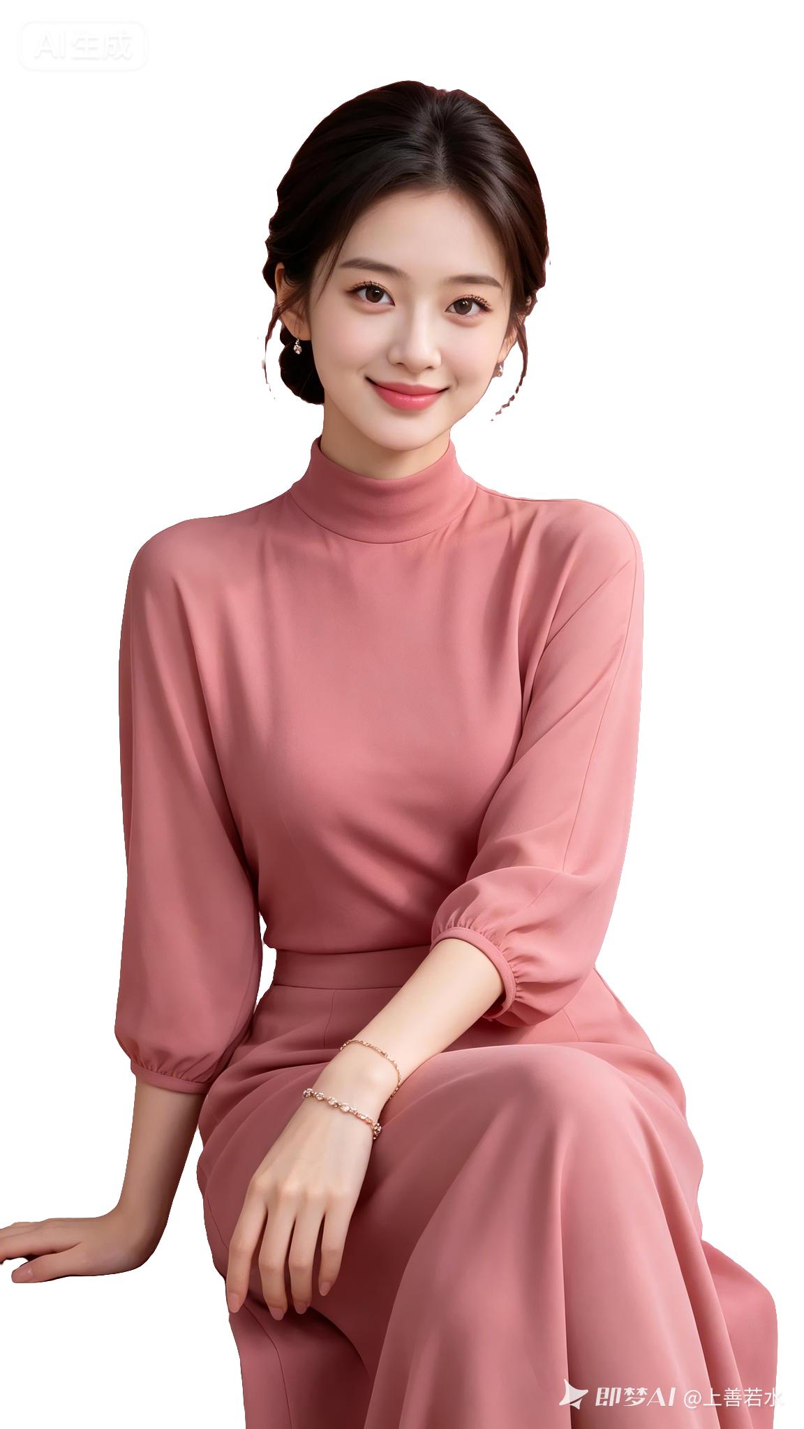 生活写真，低盘发典雅少女眉眼精致白皙透亮，玫瑰色高领长袖礼服配耳饰手链，松弛浅笑
