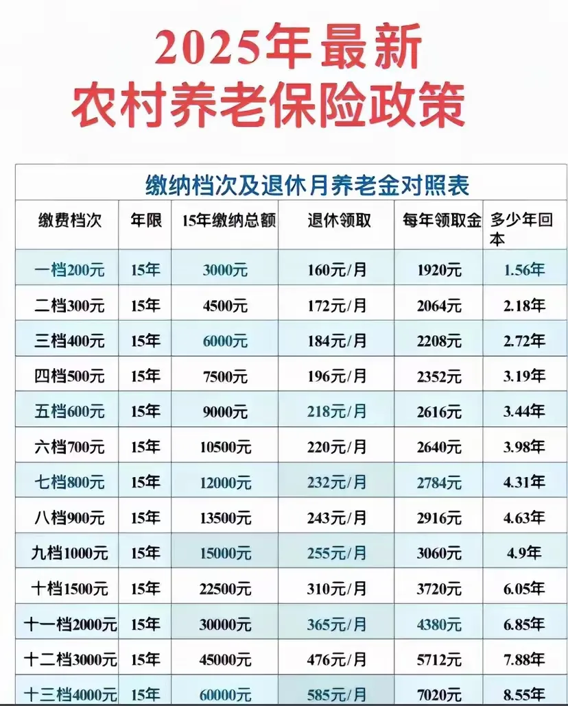 2025年出台了一项新政策，涉及农村养老保险提档缴费，即一次性缴纳九万元，到60