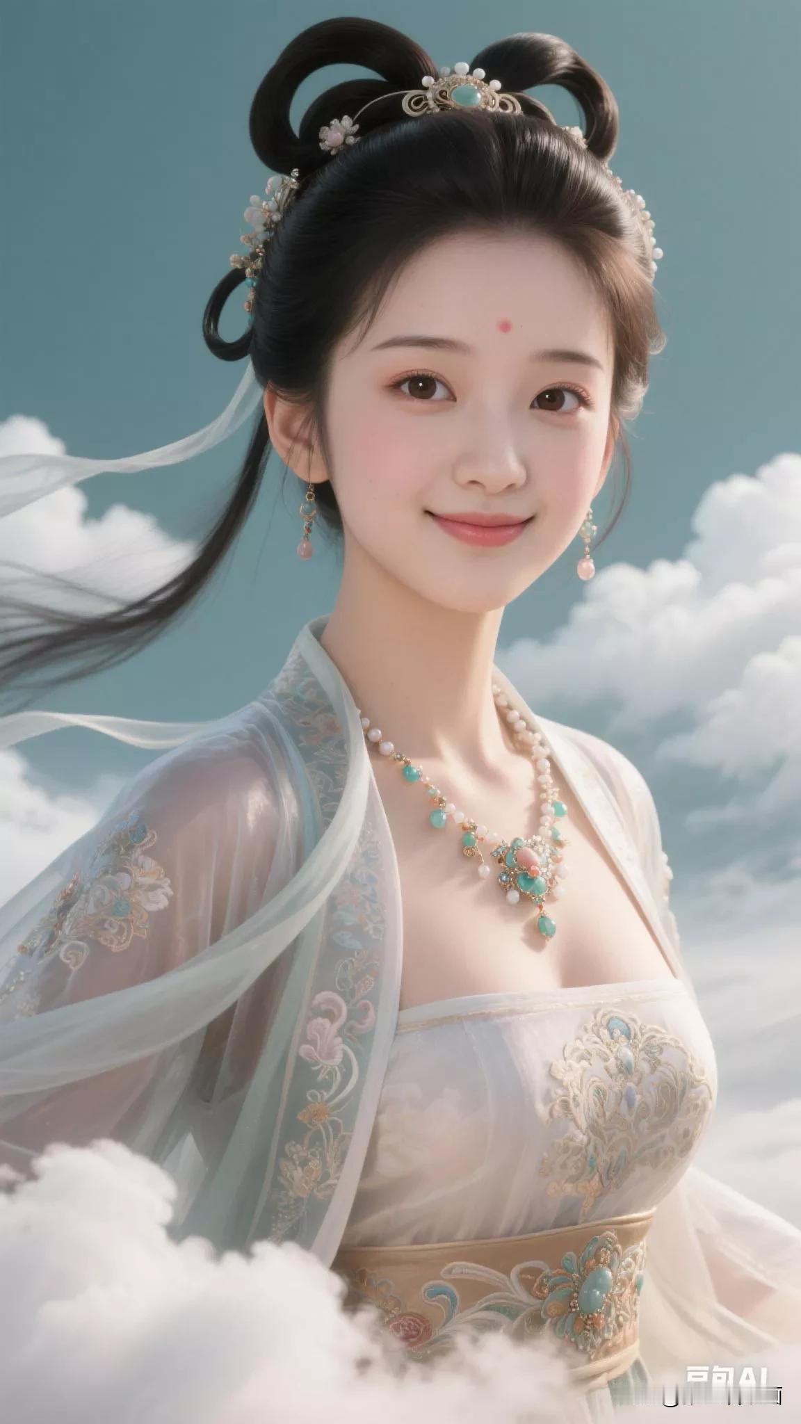 云中仙子，笑颜如花。绝美仙女发髻集锦张立启原创书画AI作品首发195期。翠衣花髻