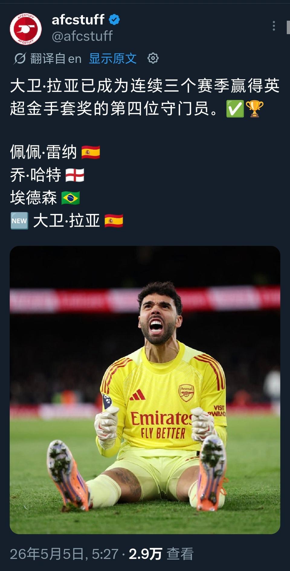 阿森纳如果夺冠，拉亚绝对是英超第一门将。世界第一门将还不好说，在英超他最强了