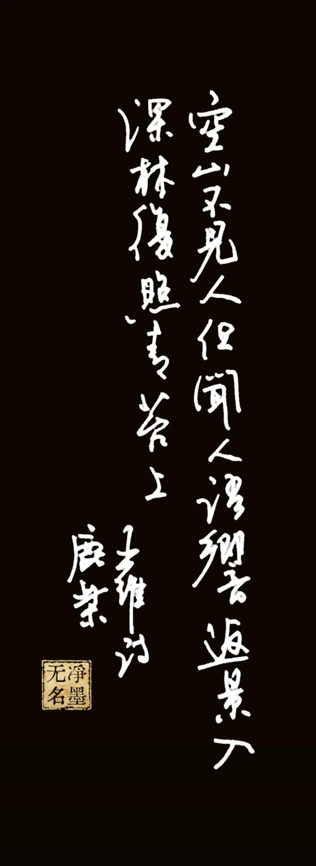释文（右起竖读）空山不见人，但闻人语响。返景入深林，复照青苔上。王维诗鹿
