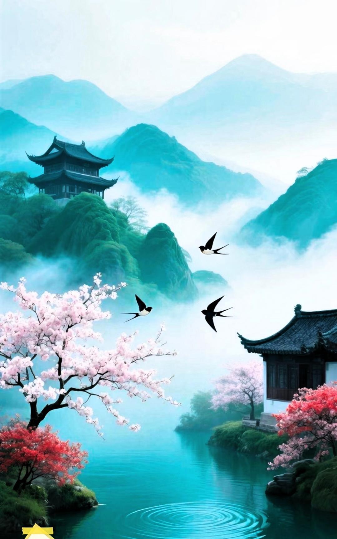 春烟浩荡绕寒山，碧水蜿蜒秀九天。紫燕翩跹峰岭翠，…………………[啤酒][万