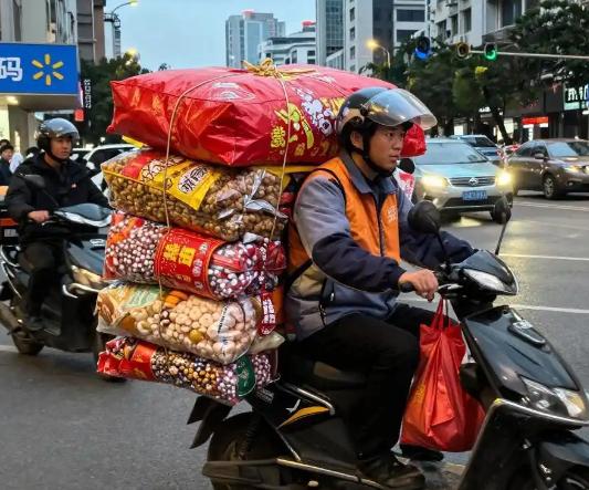 东莞一个顾客，买了120斤年货。他心疼骑手，特意把订单拆成了4份，想着让四个人分
