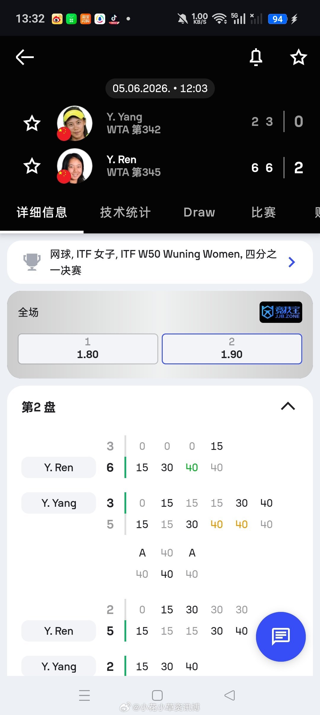 小花小草资讯【🇨🇳武宁W50】女单四分之一决赛🇨🇳任钰菲6-2/6-3