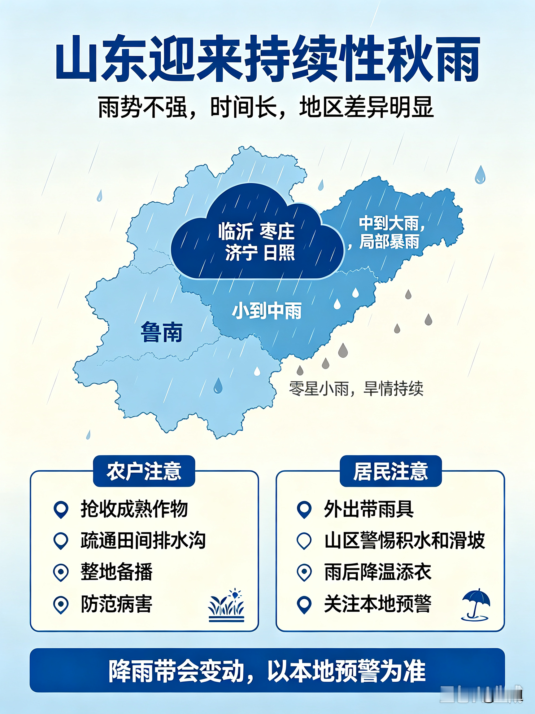 新一轮华西秋雨雨带向东移动，山东迎来持续性降雨，雨势不算凶猛，但是降雨拖的时间很长，省内各个地方雨量
