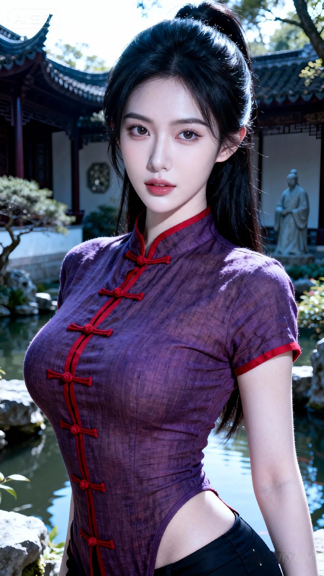 最近看到一组古廊紫旗袍写真，简直被惊艳到失语！古色古香的长廊里，紫衣少女款步走来