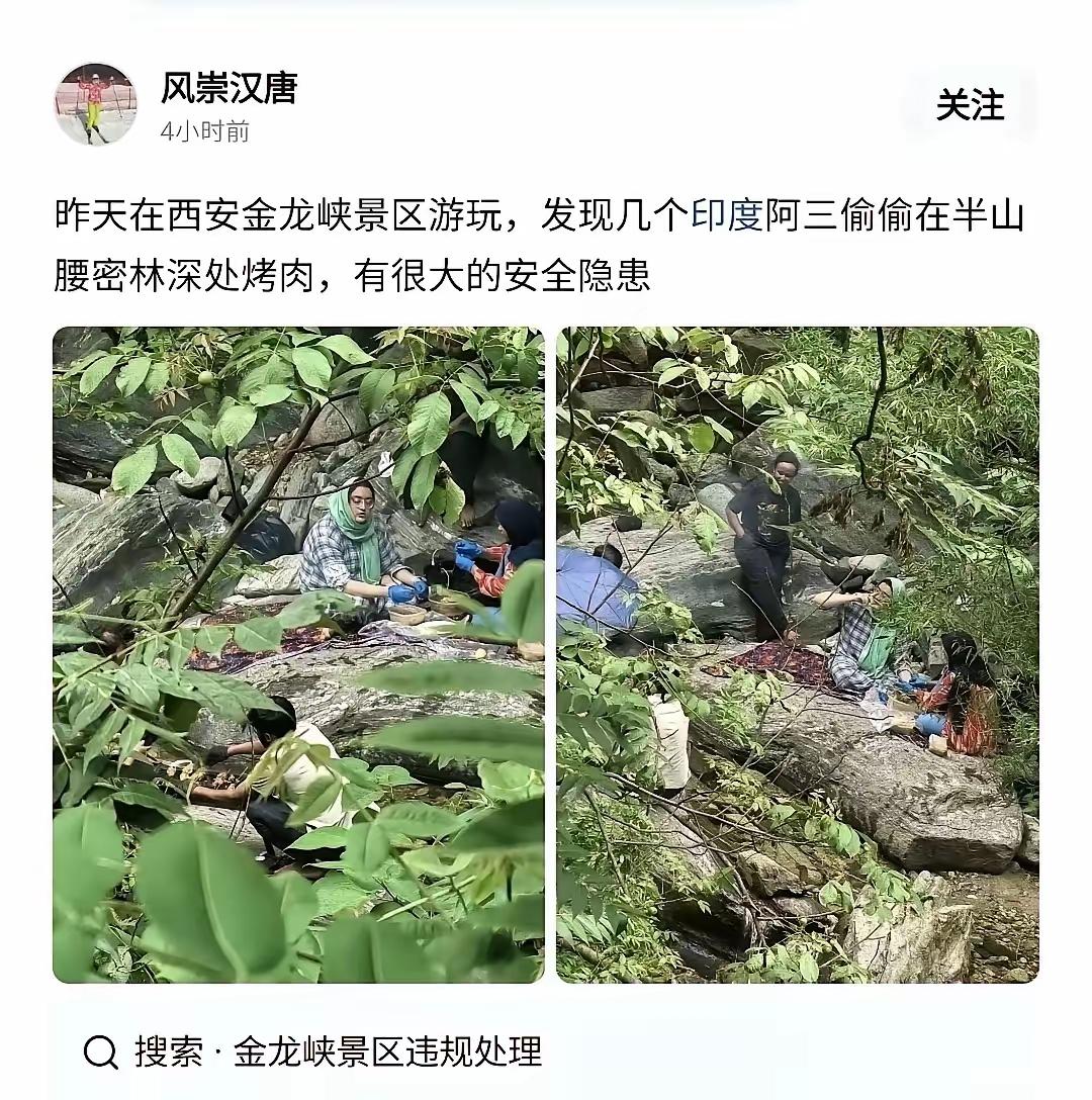 “昨天在西安金龙峡景区游玩，发现几个印度阿三偷偷在半山腰密林深处烤肉，有很大的安