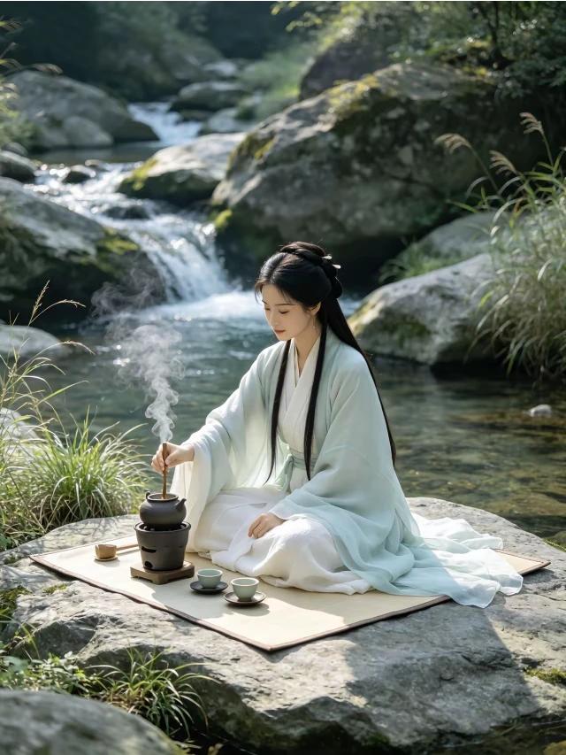 涧水泠泠漱浅沙，风牵云影试新茶。烟随细浪流香去，沉浮之间暮晚霞。