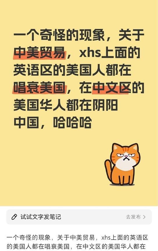 博主：一个奇怪现象“中美贸易”某红书上面英语区“美国人都在唱衰美国，在中文区美国
