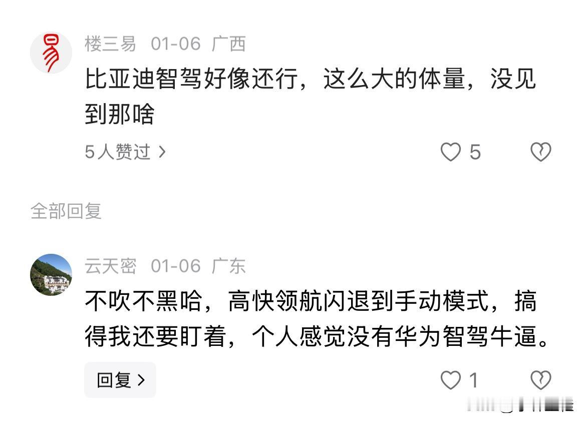 网友A：“貌似比亚迪的智驾也很不错，这么大的体量，这么久了好像没看见那啥……”