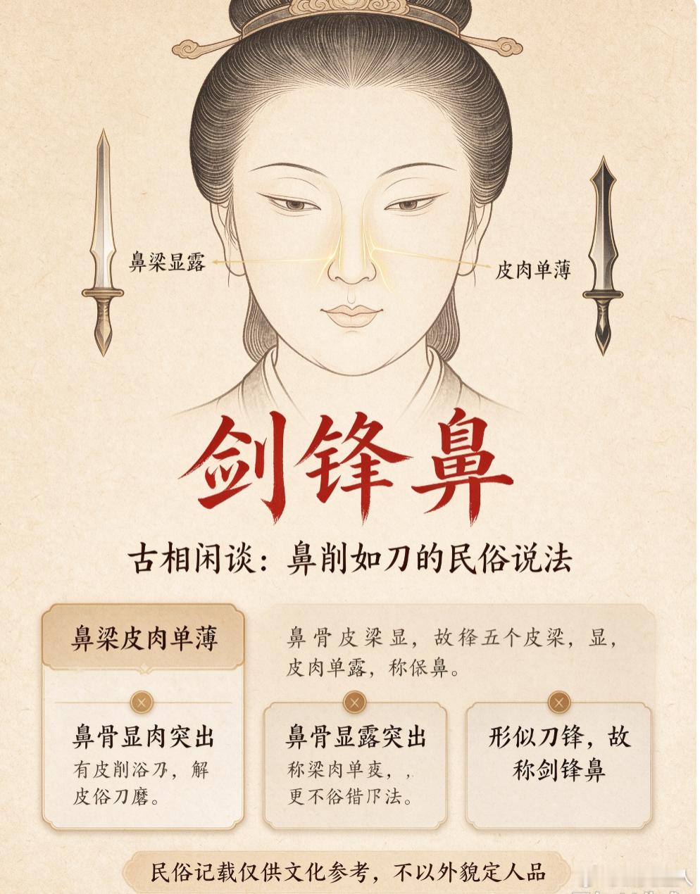 面相小识古相书中所说的「剑锋鼻」，也就是常听到的鼻削如刀。这种鼻相特征，鼻梁皮肉单薄、鼻骨显露突出，
